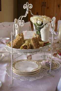 Tiered Server with Harvest Chicken Tea Sandwiches and Savory Crepe Coronets